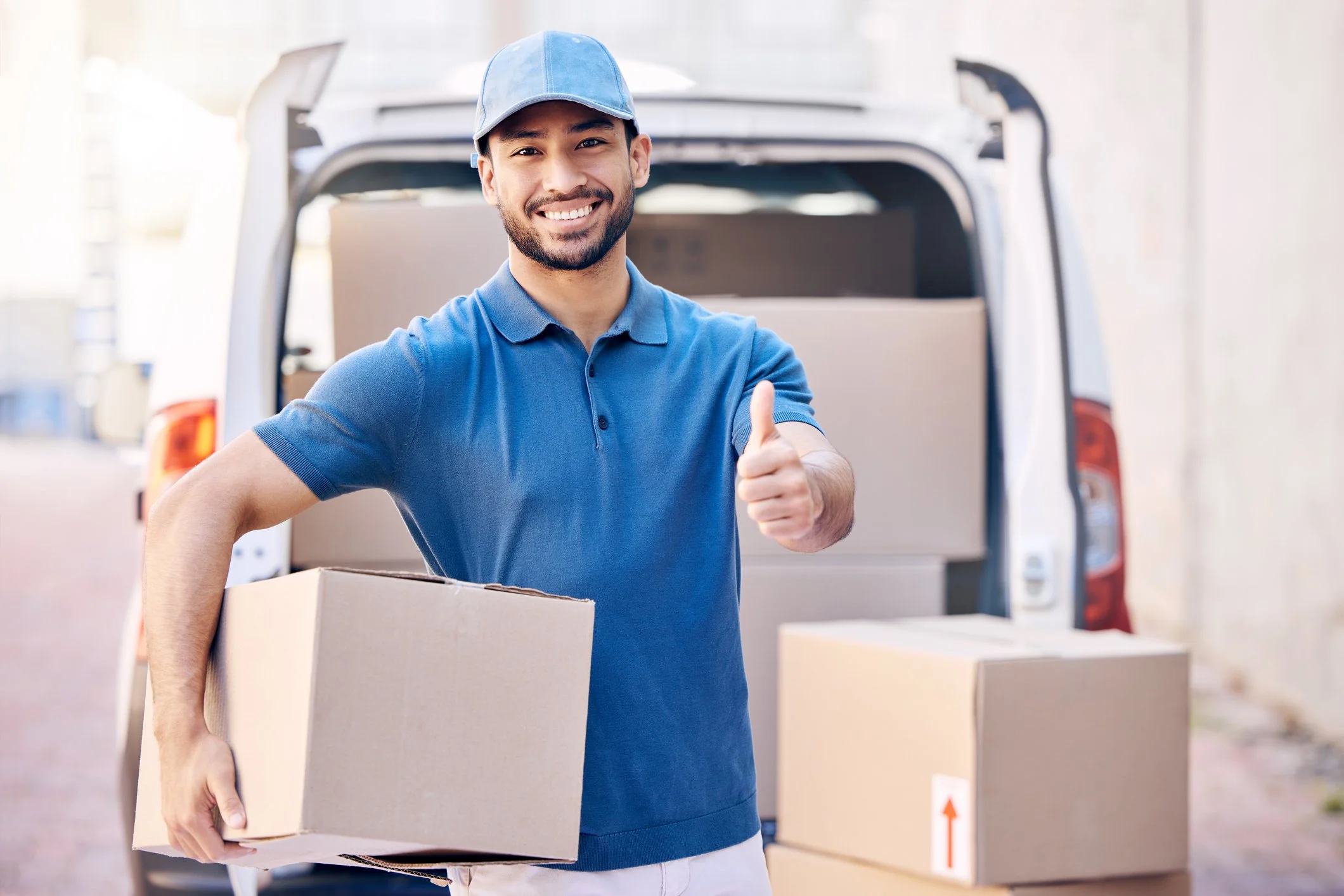 Professional courier holding a parcel beside a delivery van