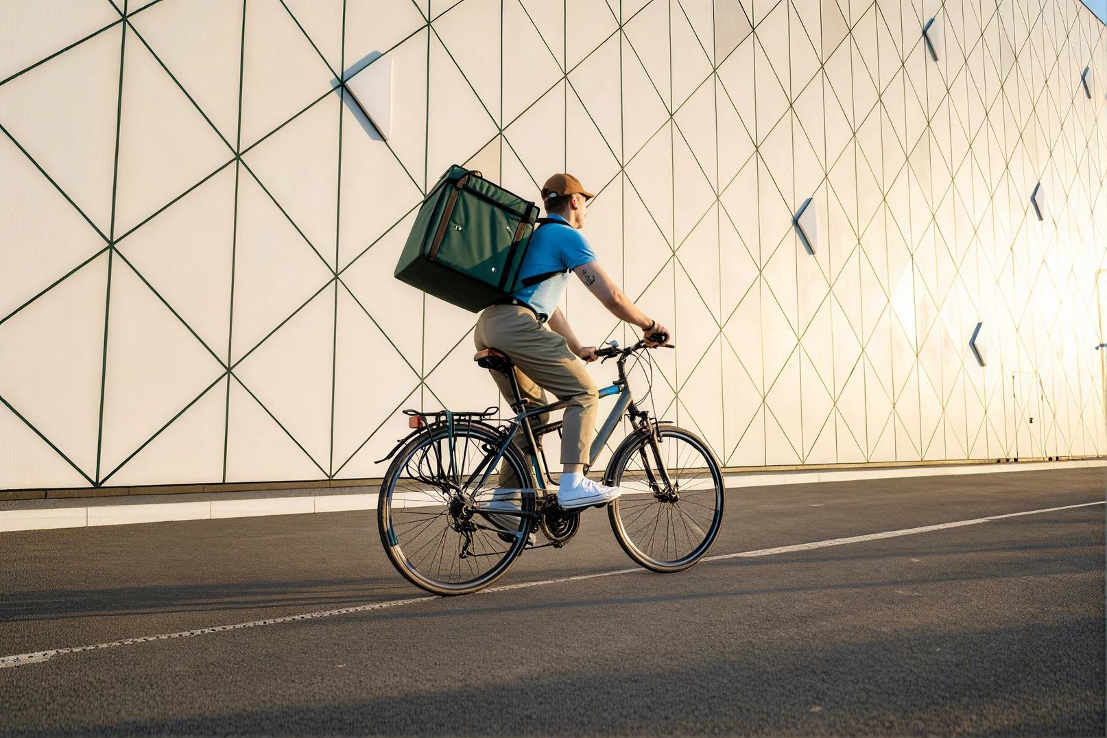 Courier cycling with a delivery bag