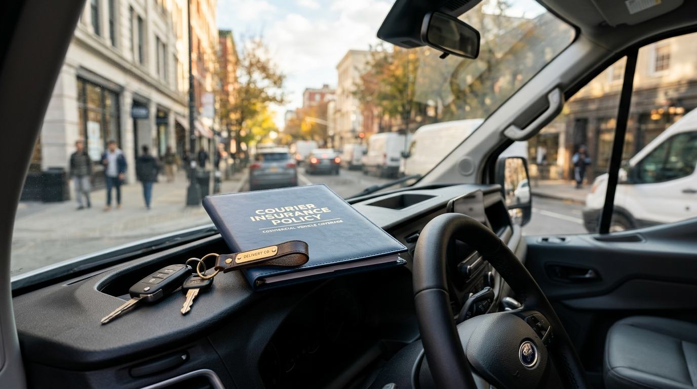 Courier insurance documents beside a steering wheel