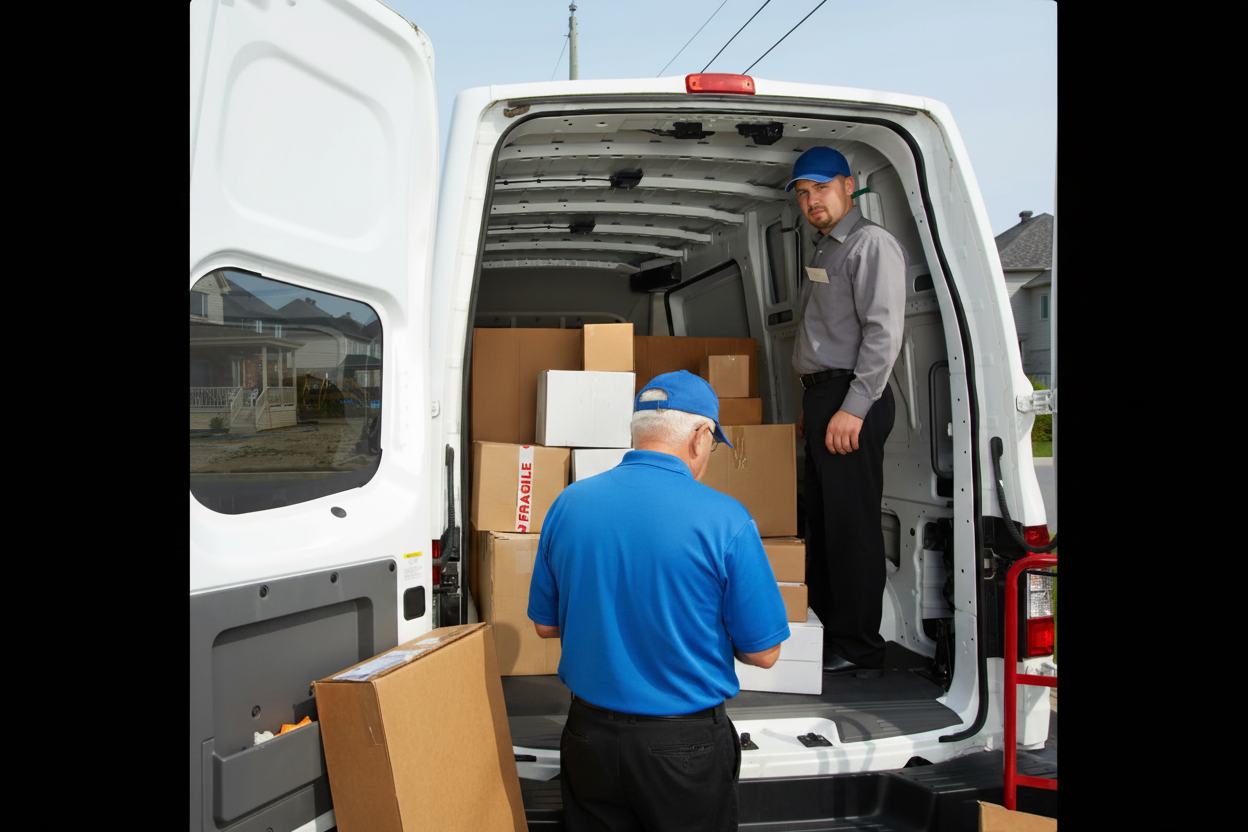 Courier loading parcels into a dedicated delivery van