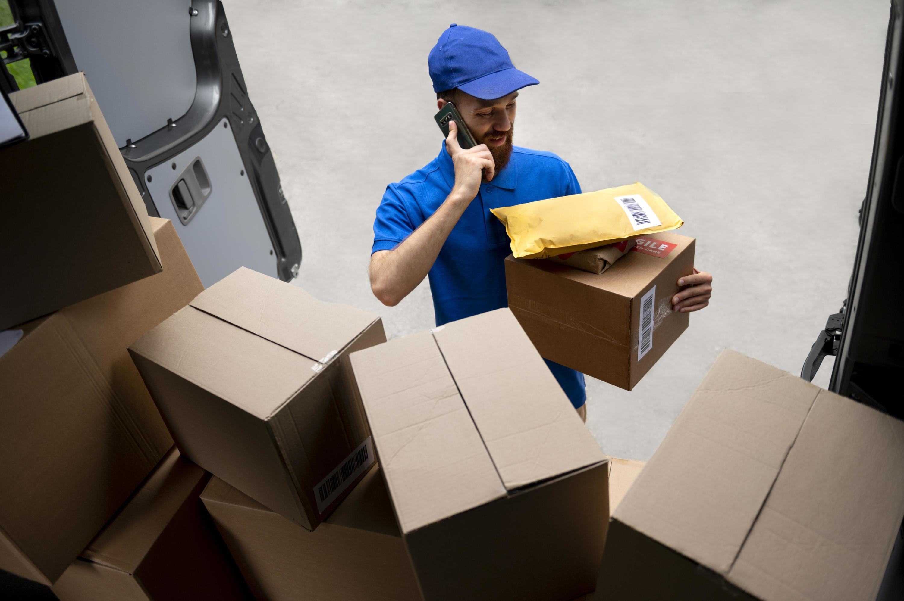 Courier managing a dedicated parcel delivery