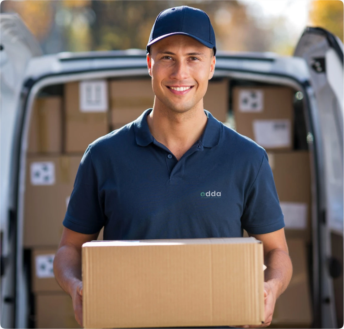 Professional smiling delivery driver holding package box in front of open van