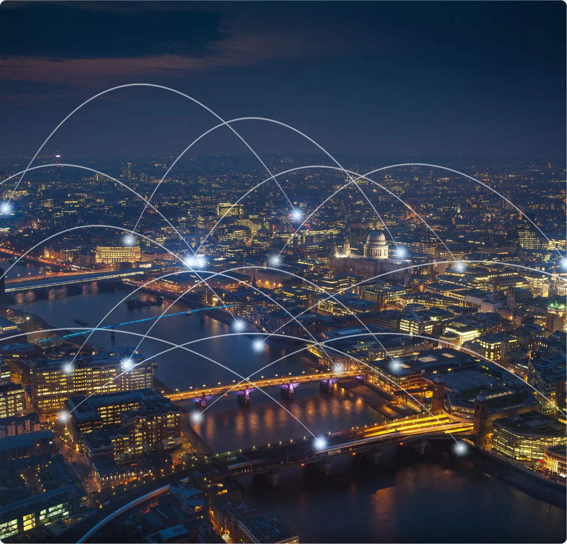 Digital network map connecting major UK cities across the country