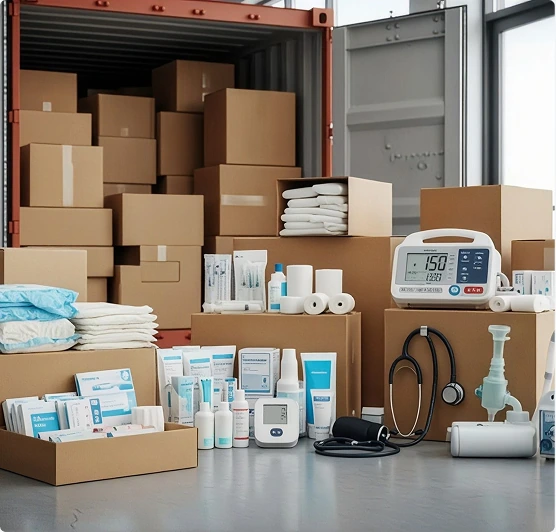 Courier delivering compliant medical packaging box in laboratory facility