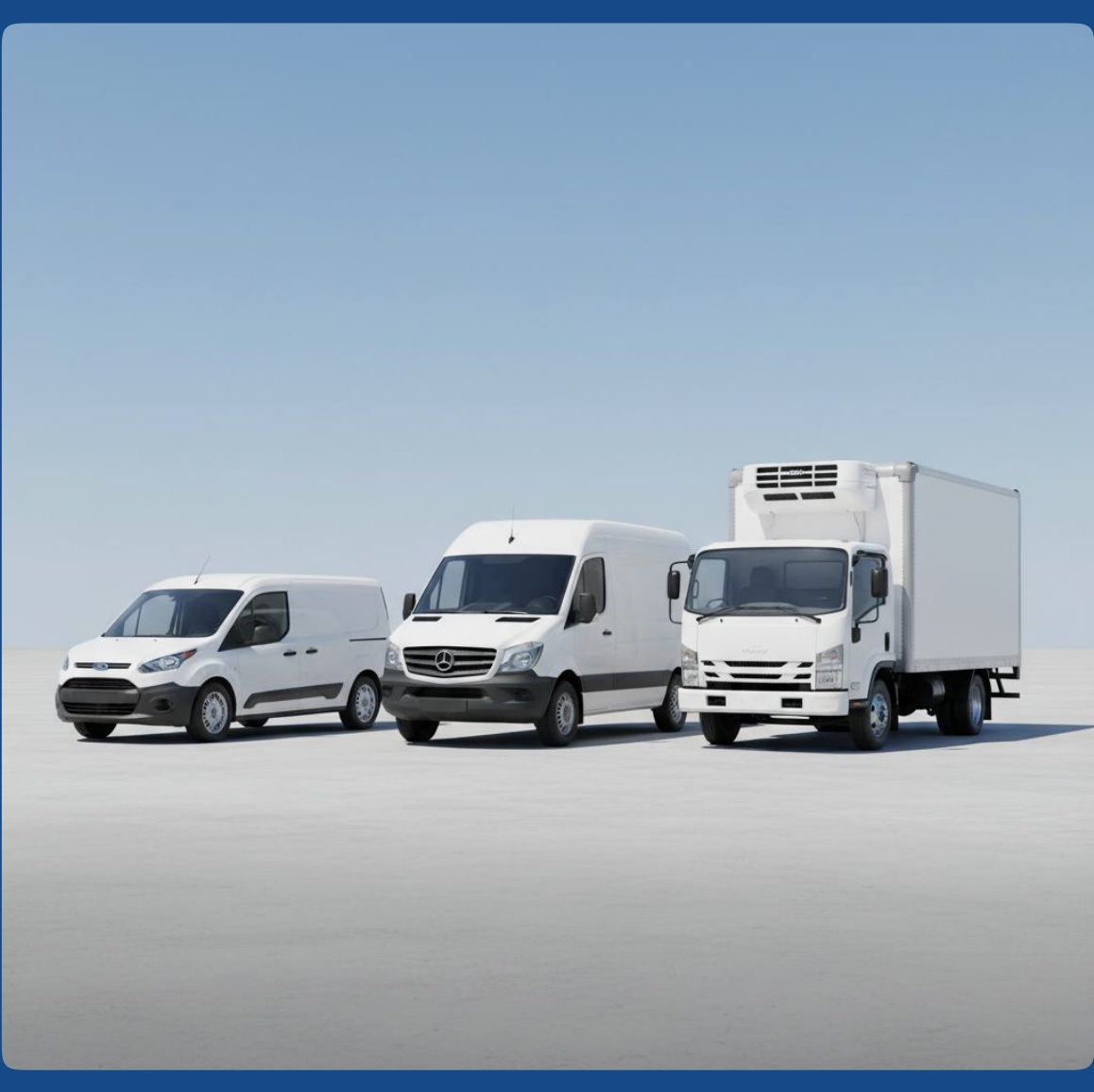 Lineup of white commercial delivery vans of different sizes