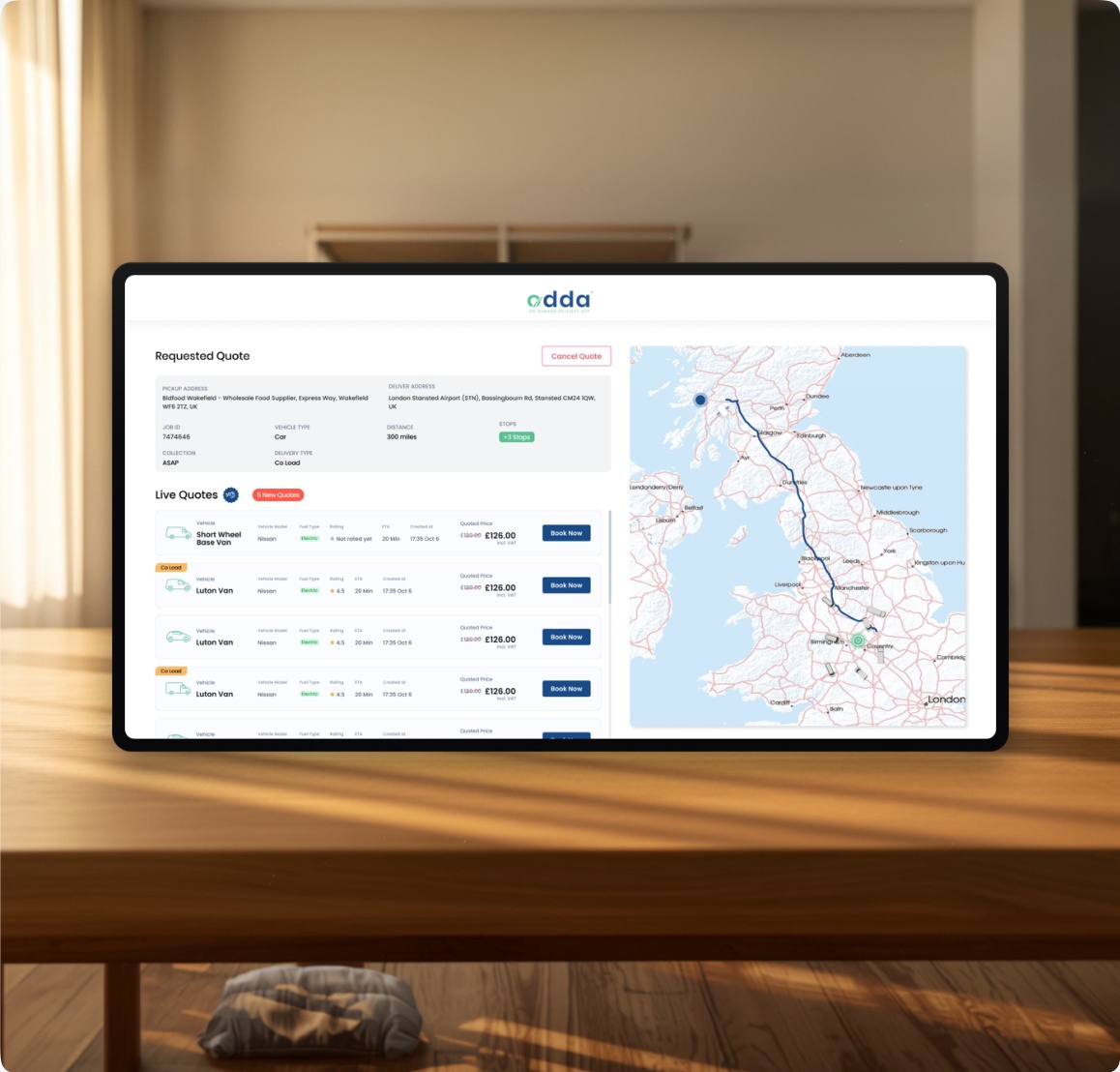 Laptop displaying Odda instant delivery quote interface