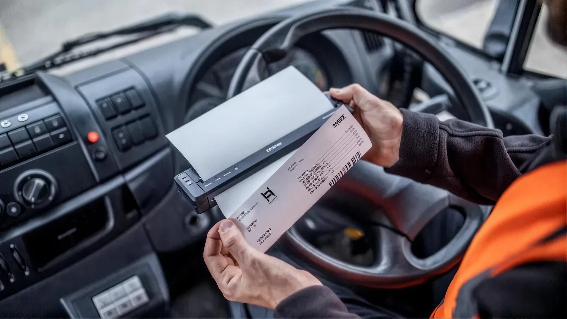 Driver printing an invoice with a portable printer in a van