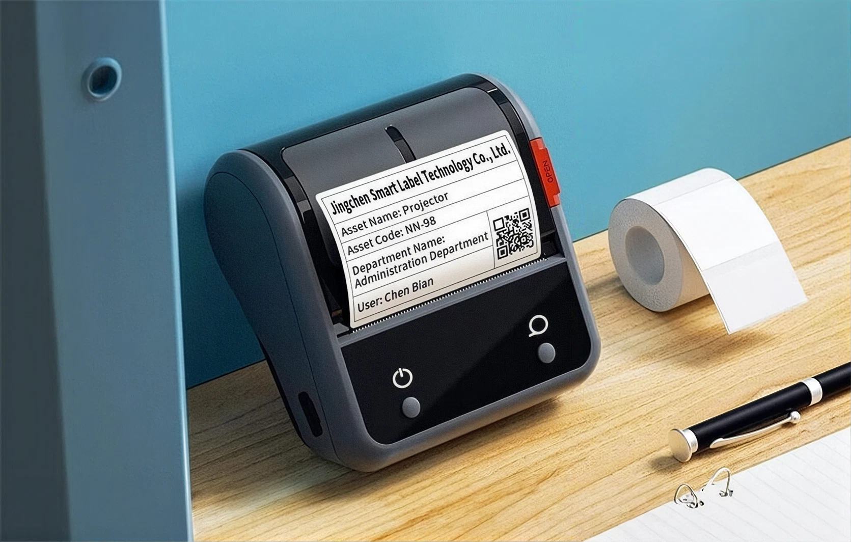 Compact thermal label printer with a roll of paper