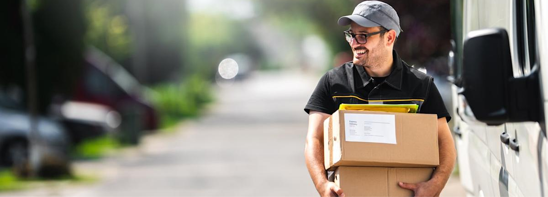 Courier holding a parcel beside a van