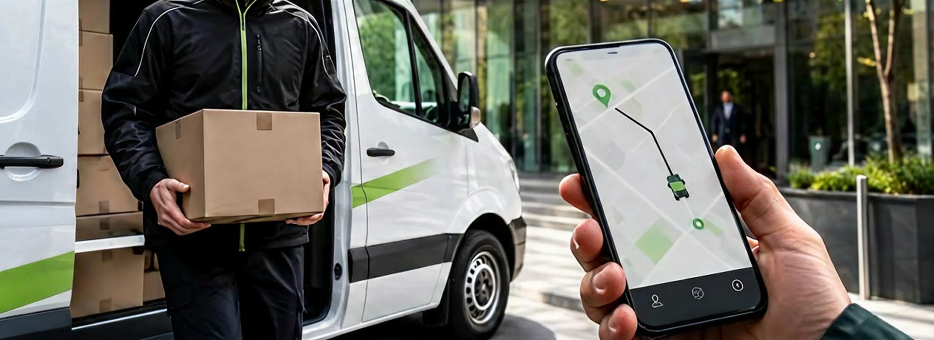 Courier van delivery with live route tracking on a phone
