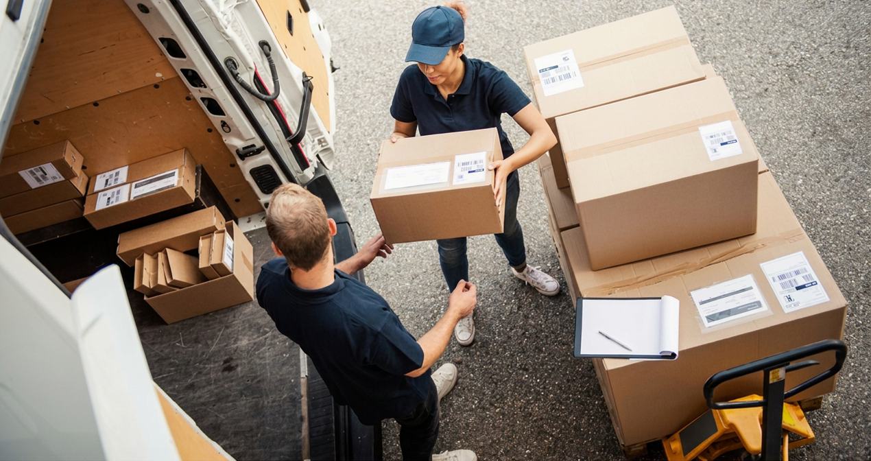 Courier collecting parcels from a customer beside a van