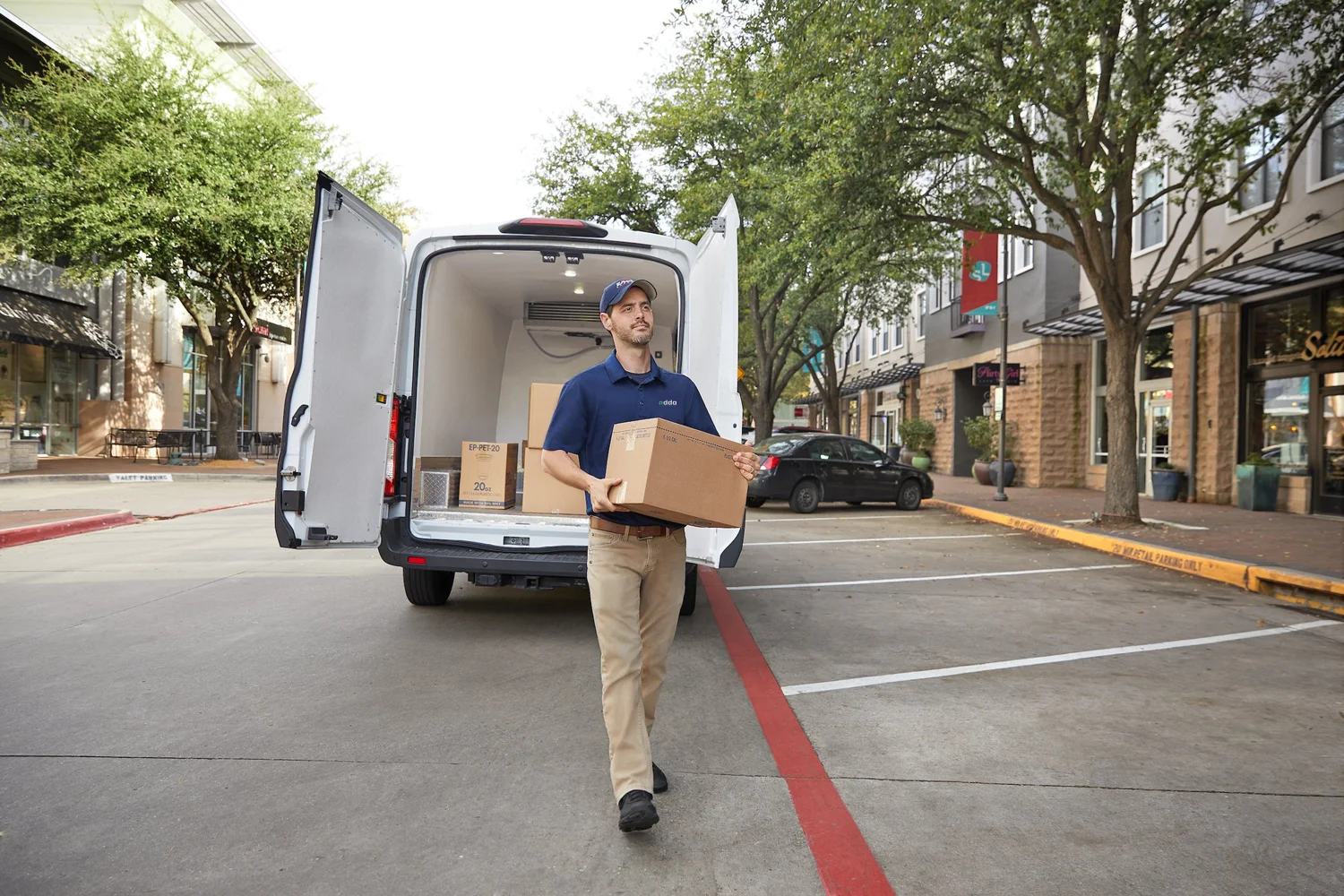 Courier carrying a parcel from a delivery van