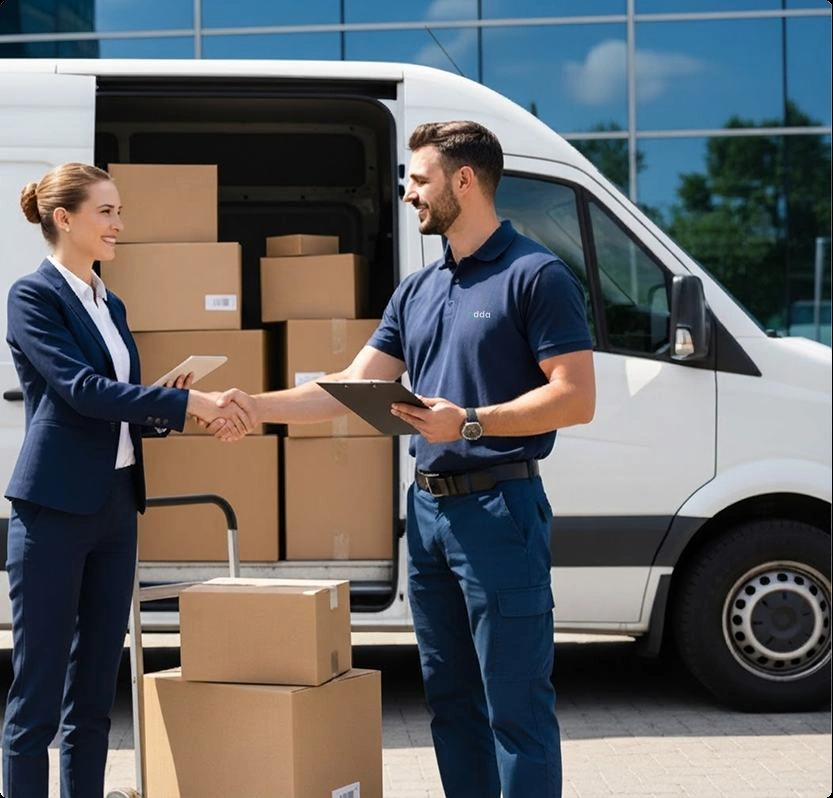 Friendly courier driver delivering package to customer