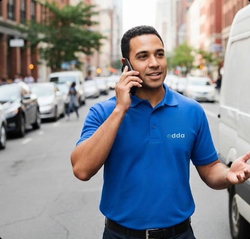 Courier driver talking on phone beside delivery van