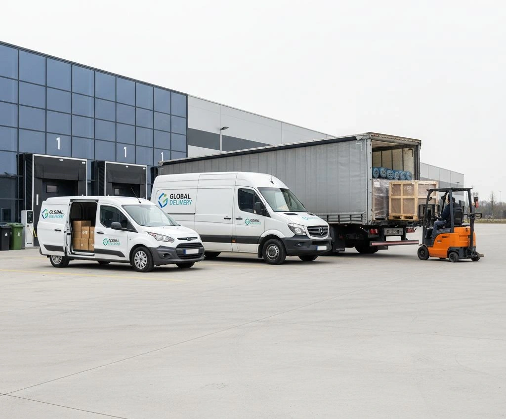 Commercial vehicle fleet lineup including vans and cars