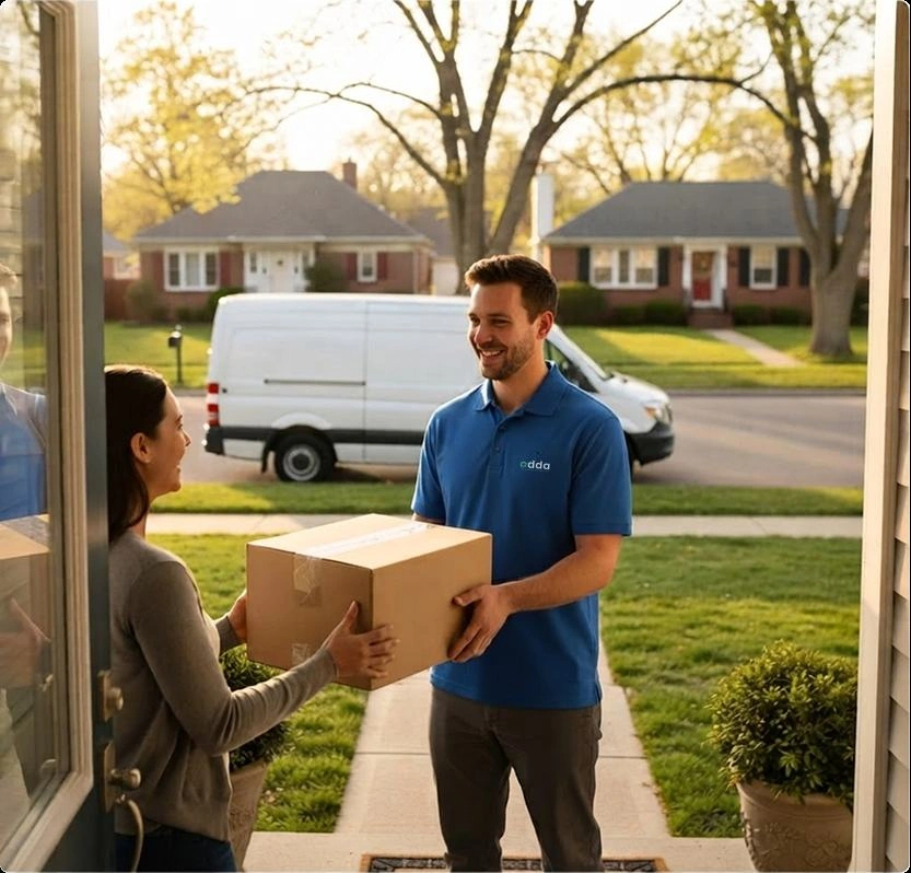 Professional delivery driver holding parcel beside white delivery van